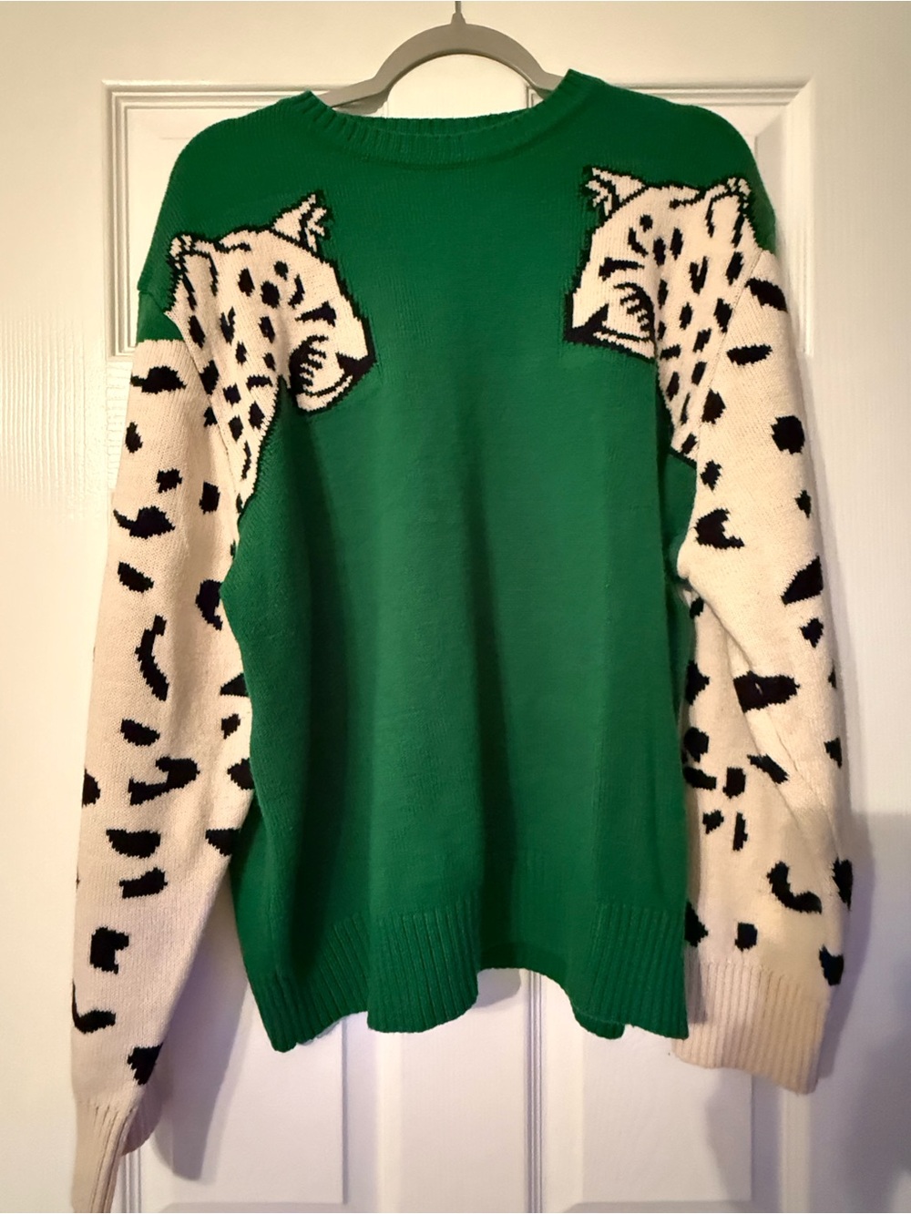 SHEIN Green Sweater with Cream & Black Leopard-Print Sleeves